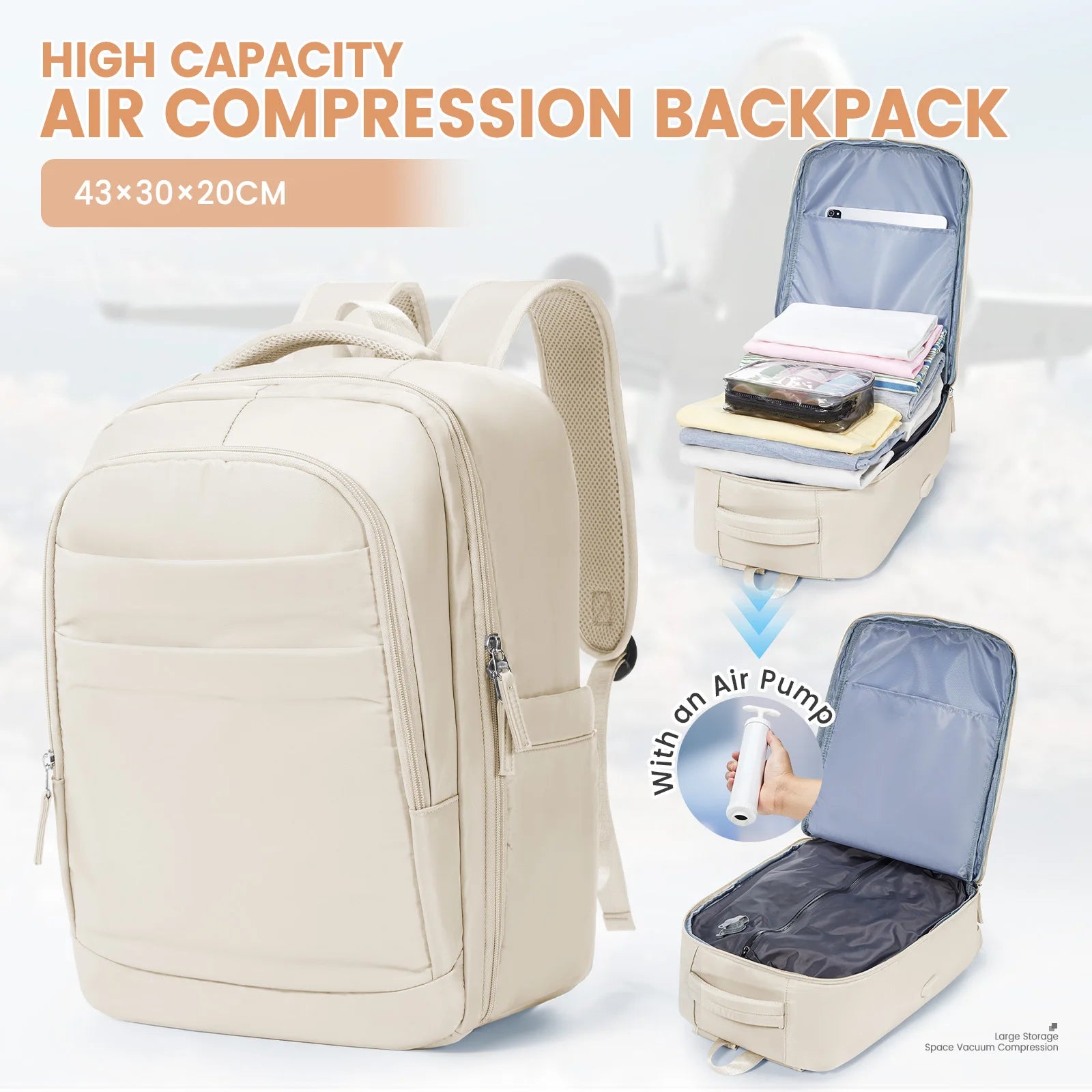 Cabin Backpack 40x30x20 – Compression Travel Bag with Pump