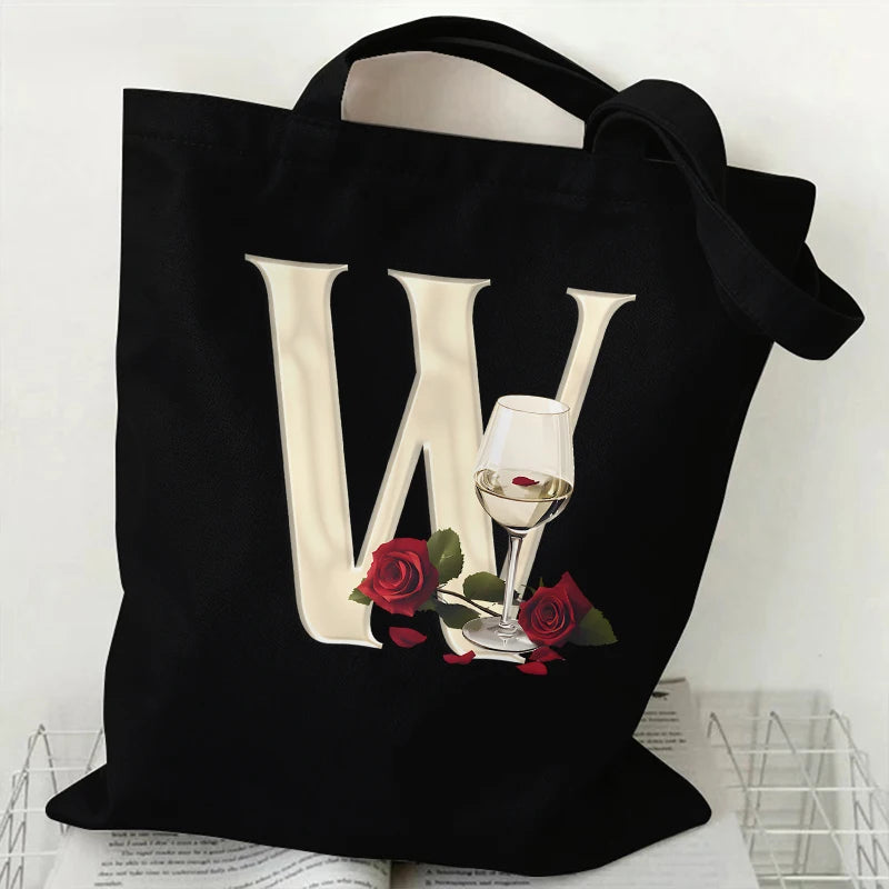 Fashion A–Z Letter Rose Print Tote Bag for Women