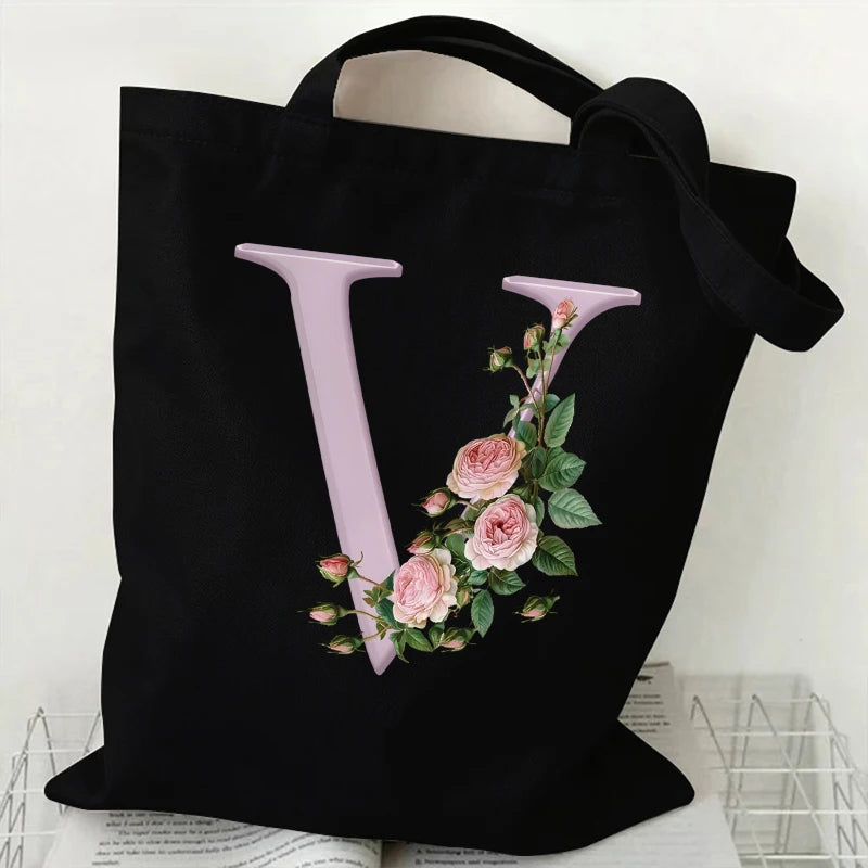 Trendy Women’s Canvas Tote – Aesthetic Alphabet Roses Shoulder Bag