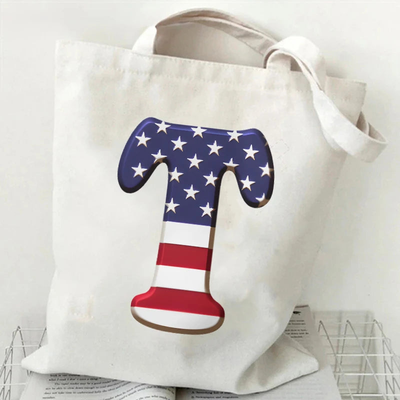 A–Z Alphabet Canvas Tote Bag – American Flag Print Y2K Aesthetic Handbag