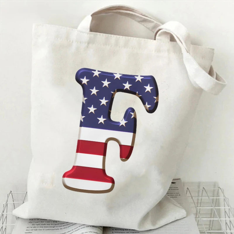 A–Z Alphabet Canvas Tote Bag – American Flag Print Y2K Aesthetic Handbag