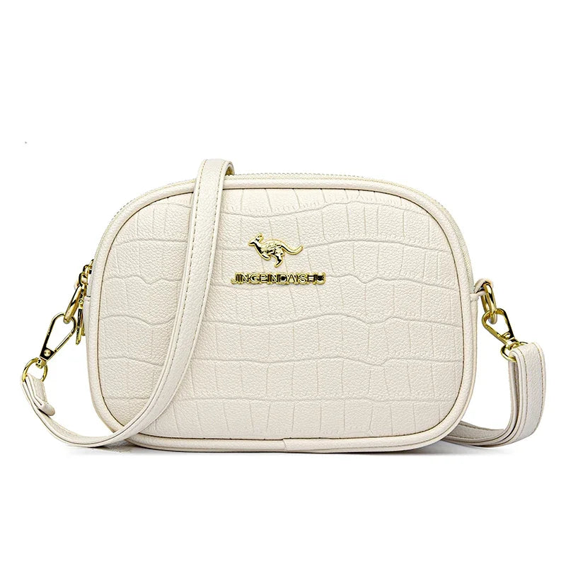 Elegant Triple-Zip Handbag – Croc-Texture PU Leather Crossbody Bag