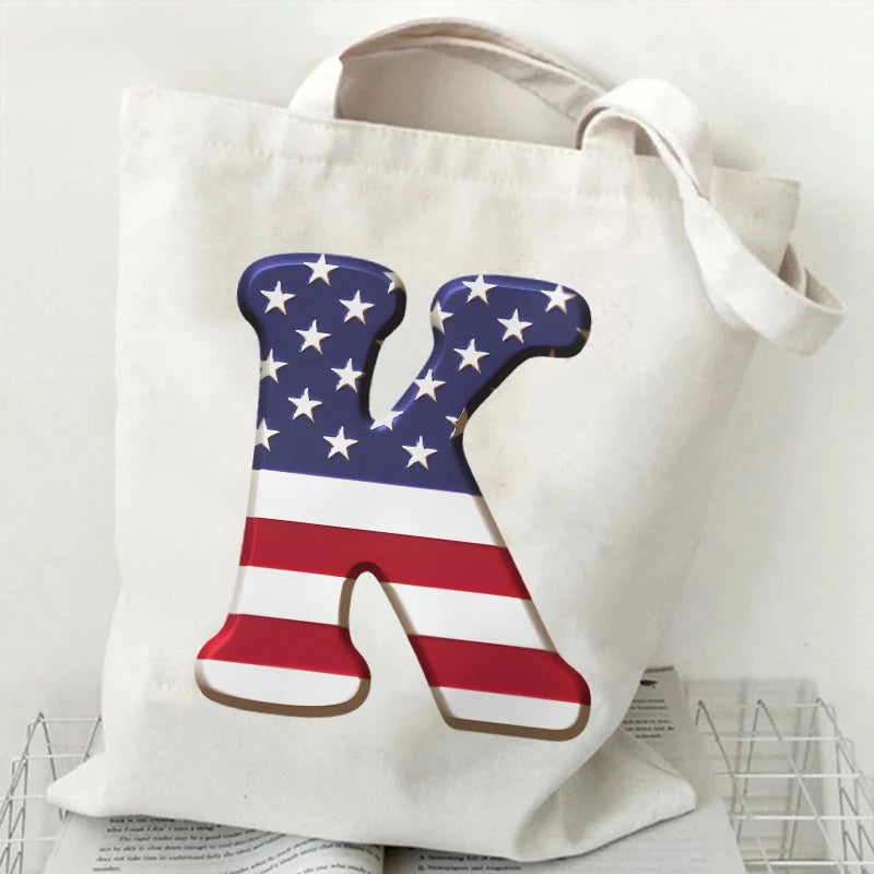 A–Z Alphabet Canvas Tote Bag – American Flag Print Y2K Aesthetic Handbag