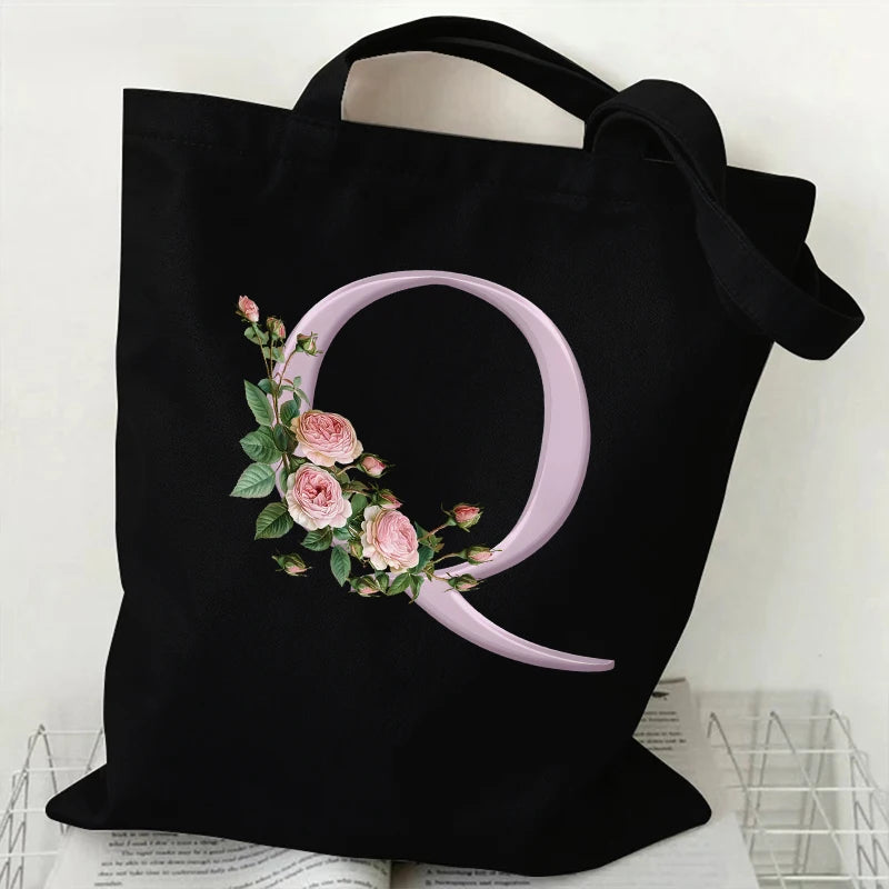 Trendy Women’s Canvas Tote – Aesthetic Alphabet Roses Shoulder Bag