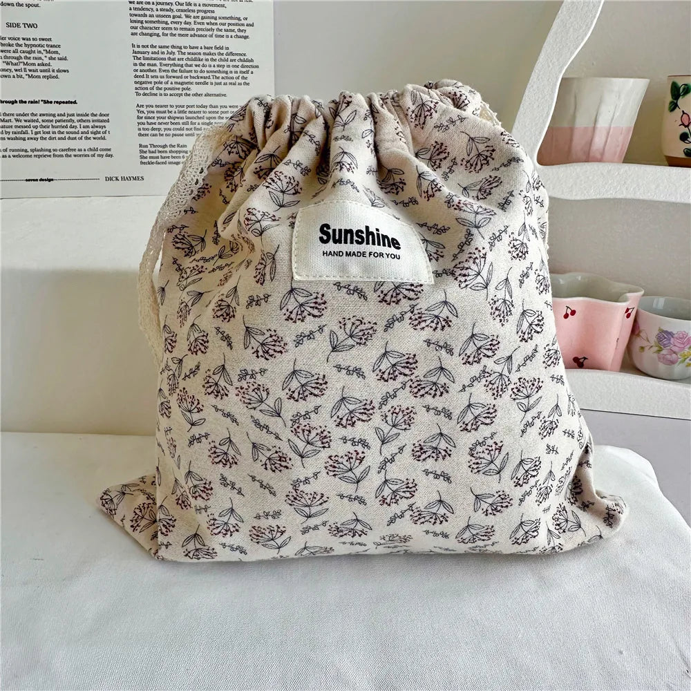 Flower Print Cotton Drawstring Bag