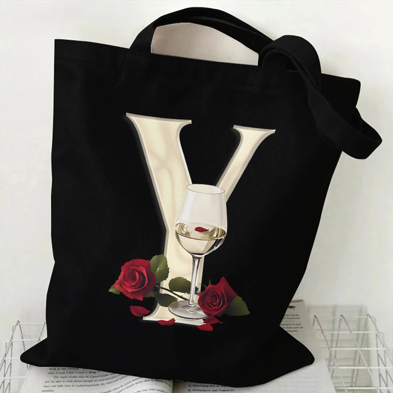 Fashion A–Z Letter Rose Print Tote Bag for Women