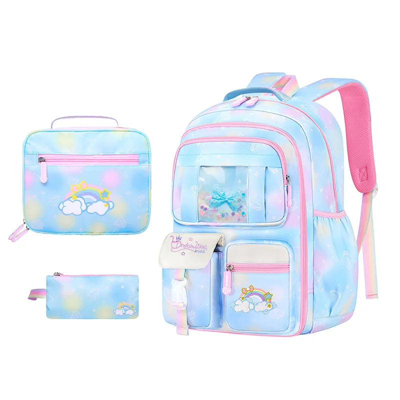 3Pcs Girls Backpack Set – Waterproof School Bag with Lunch & Pencil Case