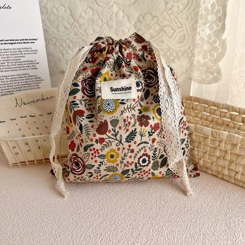 Flower Print Cotton Drawstring Bag
