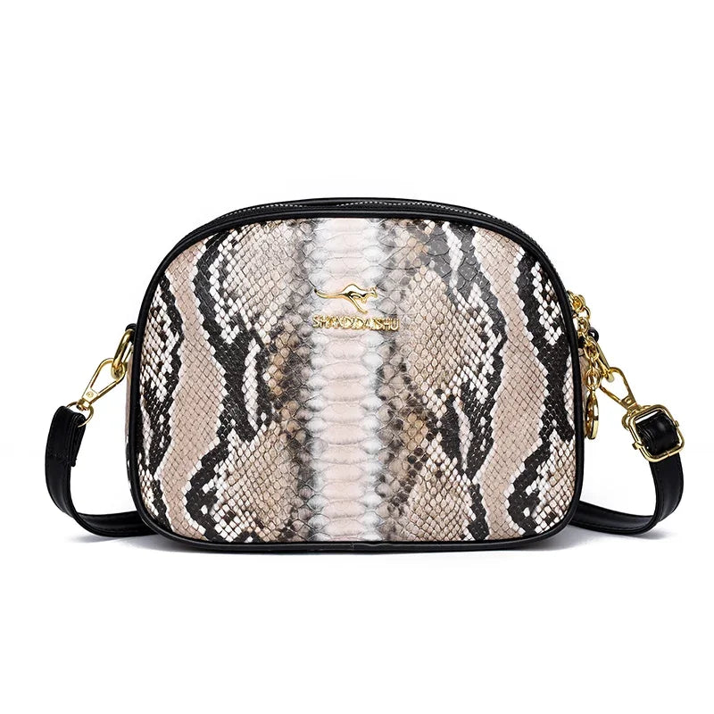 Elegant Triple-Zip Handbag – Croc-Texture PU Leather Crossbody Bag