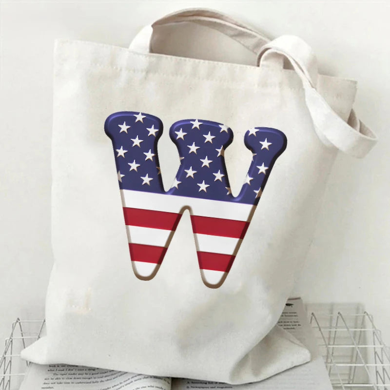 A–Z Alphabet Canvas Tote Bag – American Flag Print Y2K Aesthetic Handbag