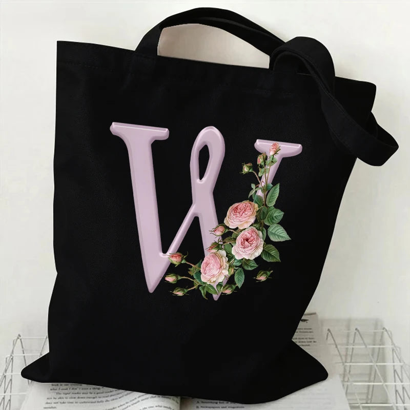 Trendy Women’s Canvas Tote – Aesthetic Alphabet Roses Shoulder Bag