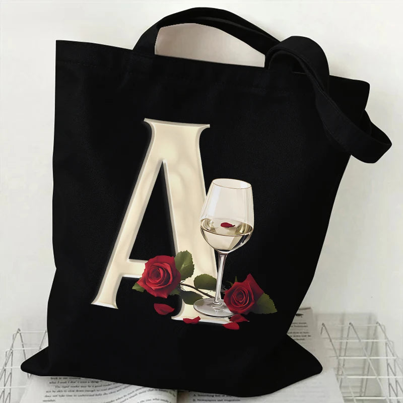 Fashion A–Z Letter Rose Print Tote Bag for Women