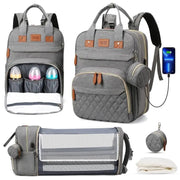 3-in-1 Diaper Bag Backpack with Foldable Baby Bed & USB Charging