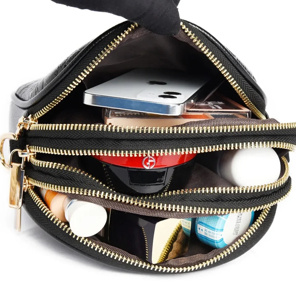 Elegant Triple-Zip Handbag – Croc-Texture PU Leather Crossbody Bag