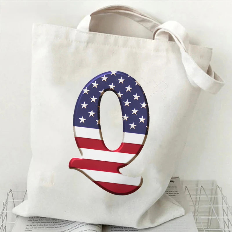 A–Z Alphabet Canvas Tote Bag – American Flag Print Y2K Aesthetic Handbag
