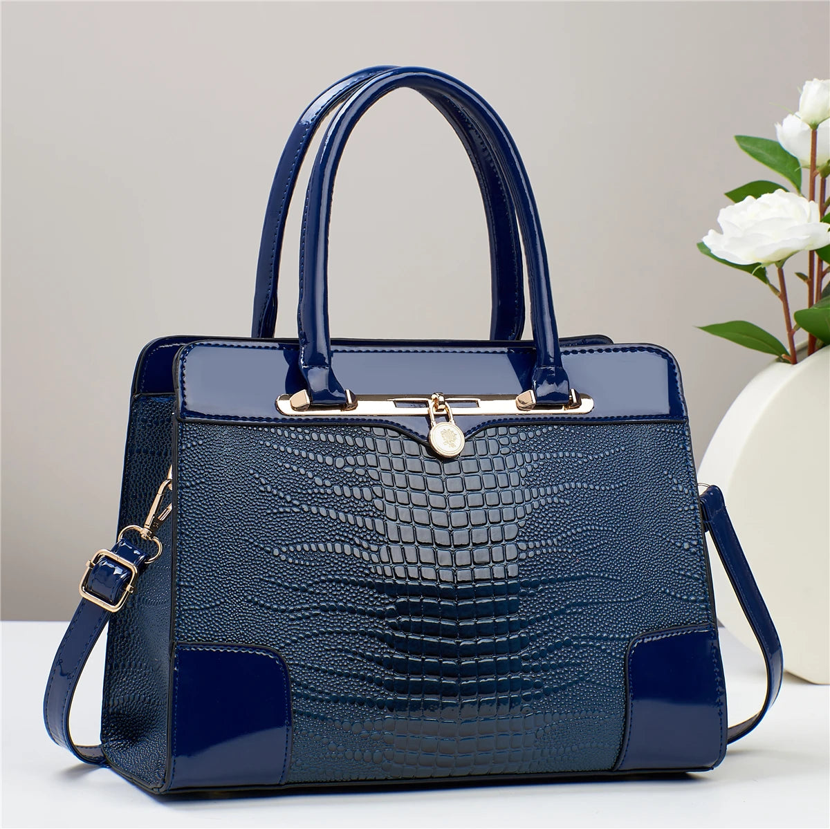 Fashion Glossy Satchel Purse Crocodile Pattern Handbag