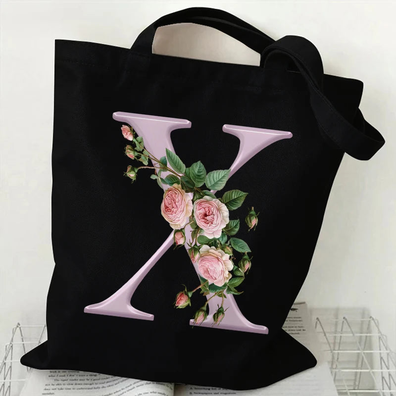 Trendy Women’s Canvas Tote – Aesthetic Alphabet Roses Shoulder Bag