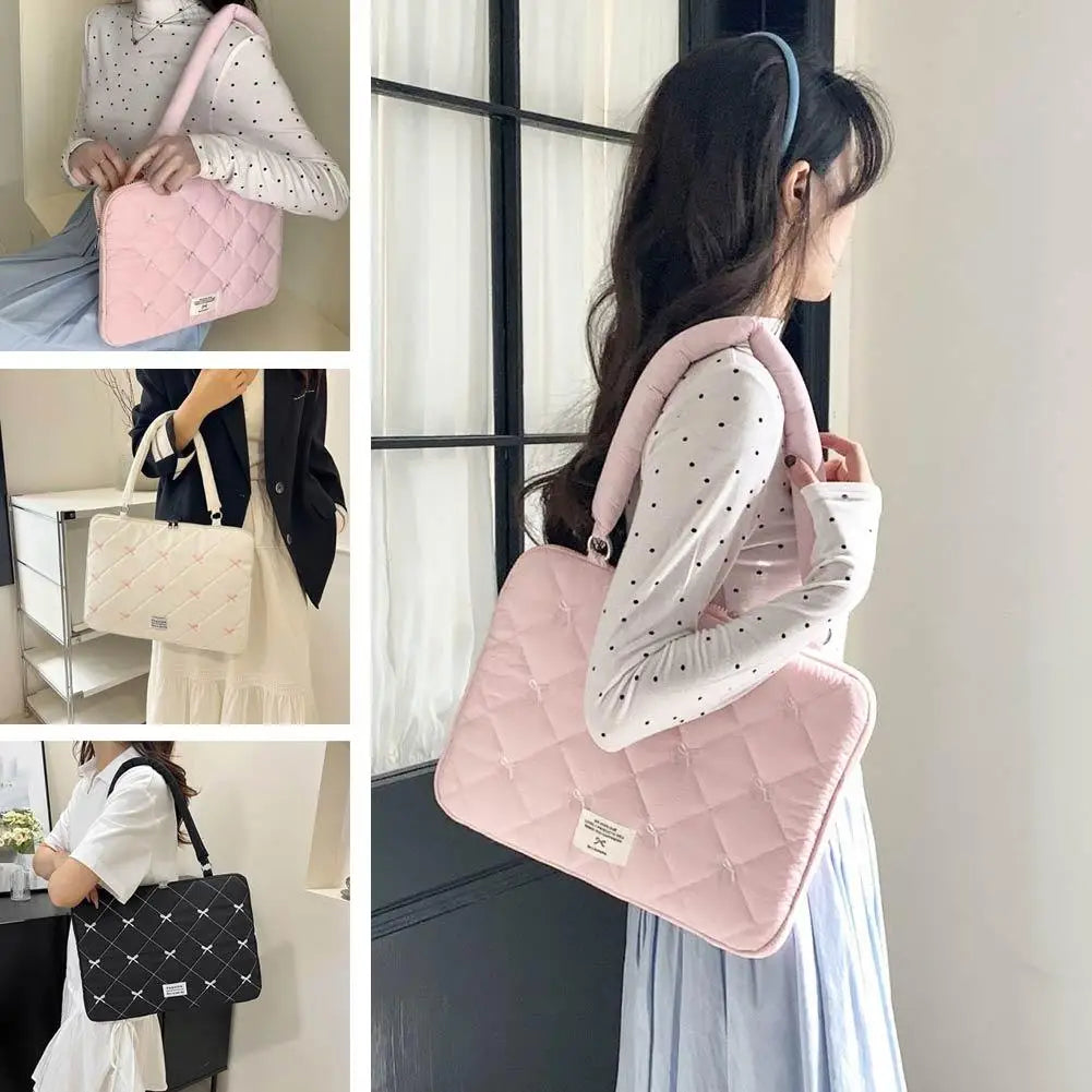 Cute Bow Embroidered Laptop Sleeve Bag – 13 to 16 Inch Fashion Shoulder Handbag