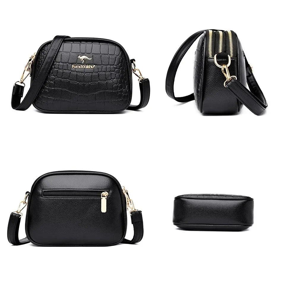 Elegant Triple-Zip Handbag – Croc-Texture PU Leather Crossbody Bag
