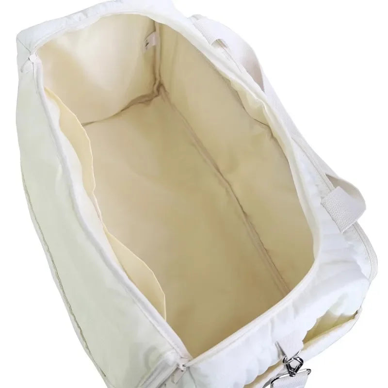 Cute Bear Embroidered Baby Diaper Bag – Beige Cotton Mommy Handbag