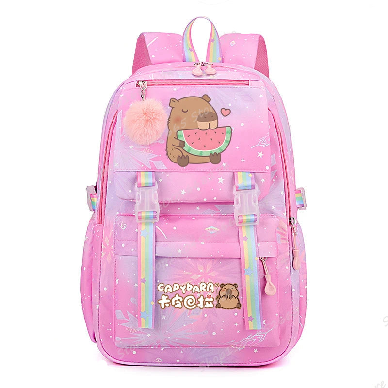 Capybara Cartoon School Backpack - Cute Watermelon Print Bag for Kids & Teens