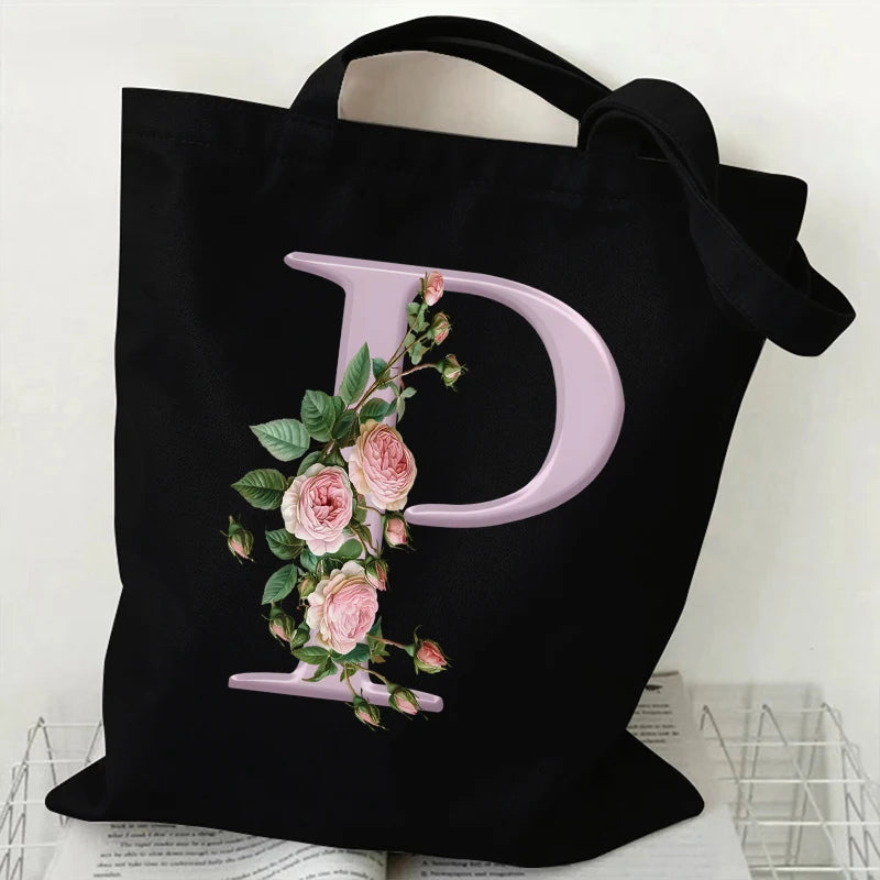 Trendy Women’s Canvas Tote – Aesthetic Alphabet Roses Shoulder Bag