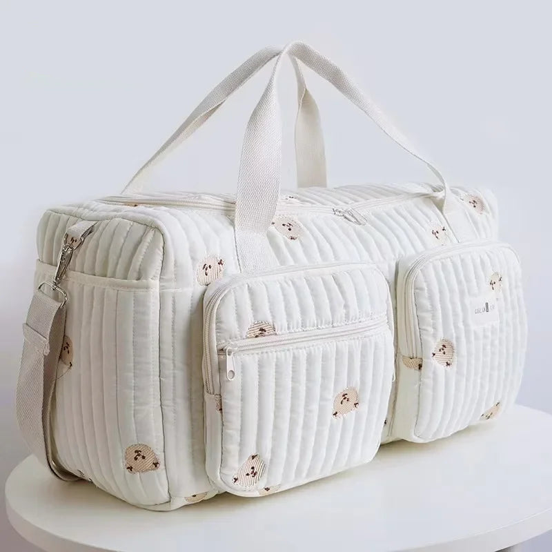 Cute Bear Embroidered Baby Diaper Bag – Beige Cotton Mommy Handbag
