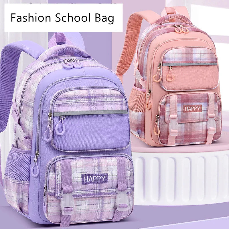 Purple Plaid School Backpack-Waterproof Kids Bag
