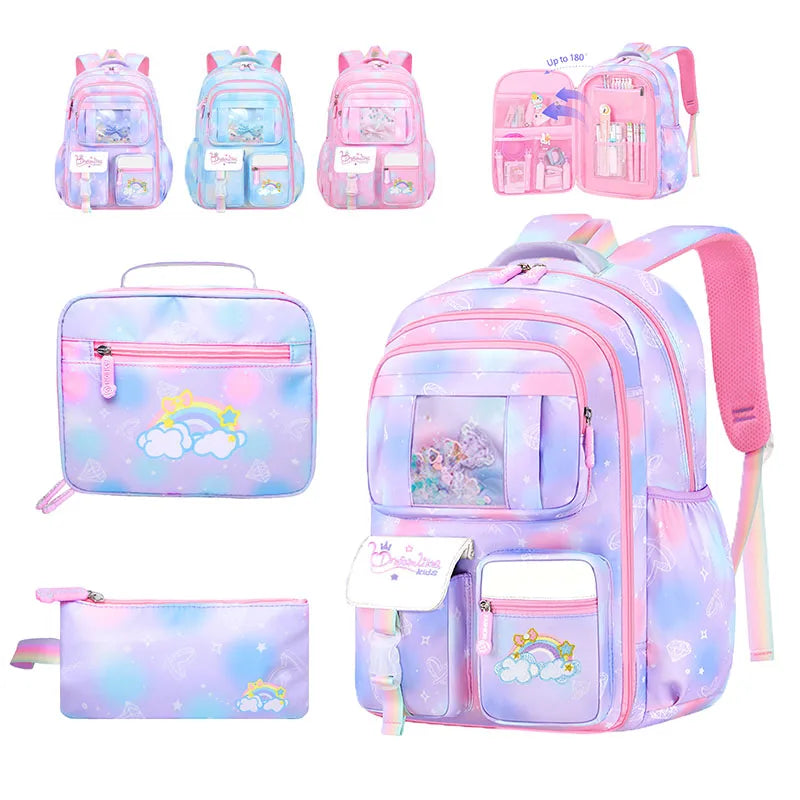 3Pcs Girls Backpack Set – Waterproof School Bag with Lunch & Pencil Case