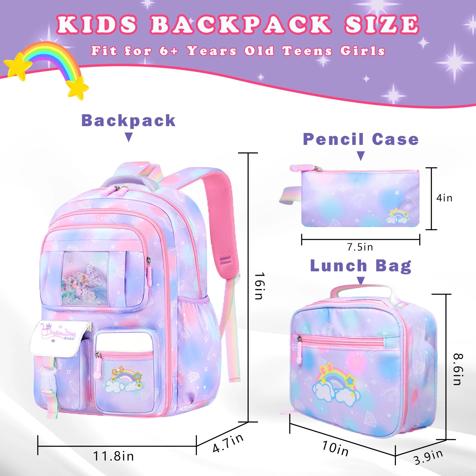 3Pcs Girls Backpack Set – Waterproof School Bag with Lunch & Pencil Case