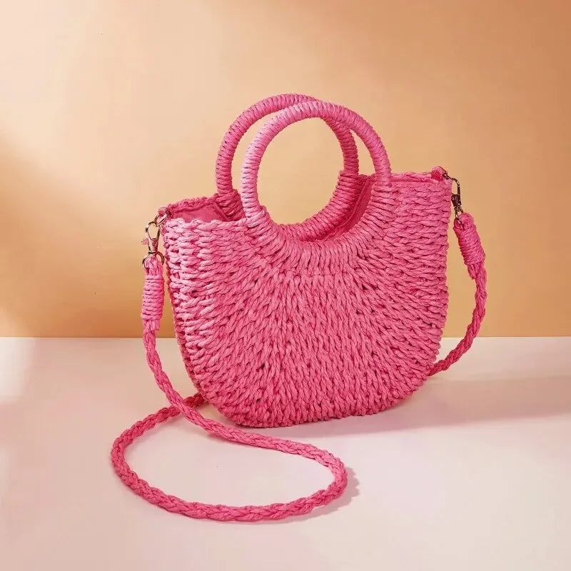 Handwoven Straw Half-Moon Crossbody Bag – Large Capacity Beach