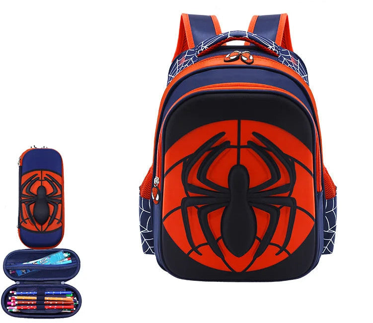 Kids Cartoon Spider Backpack - Durable Primary School Bag Set