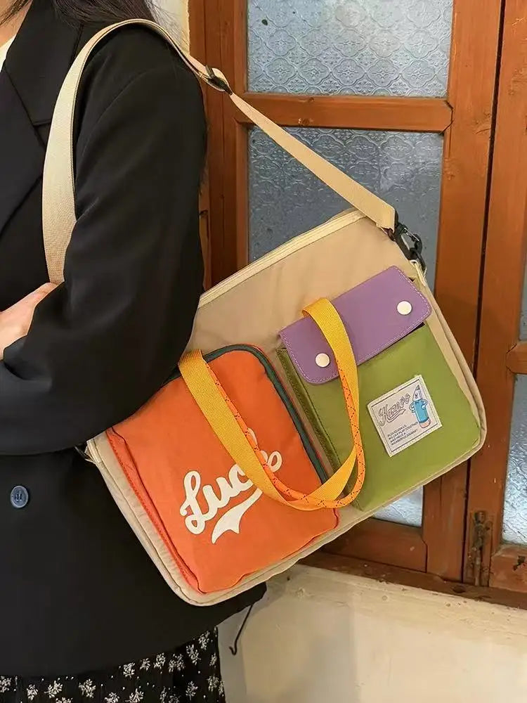 Color Block Portable Laptop Crossbody Bag for Students