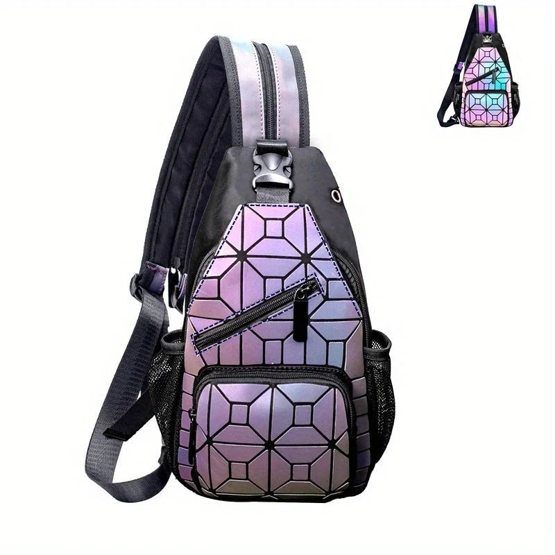 Geometric Luminous Holographic Backpack – Large Capacity Reflective Crossbody Bag