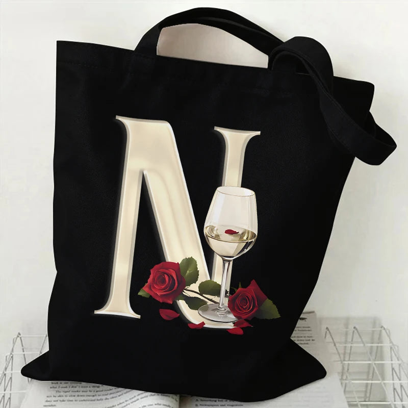 Fashion A–Z Letter Rose Print Tote Bag for Women