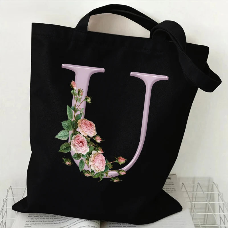 Trendy Women’s Canvas Tote – Aesthetic Alphabet Roses Shoulder Bag