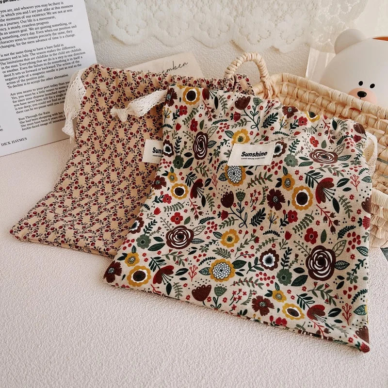 Flower Print Cotton Drawstring Bag