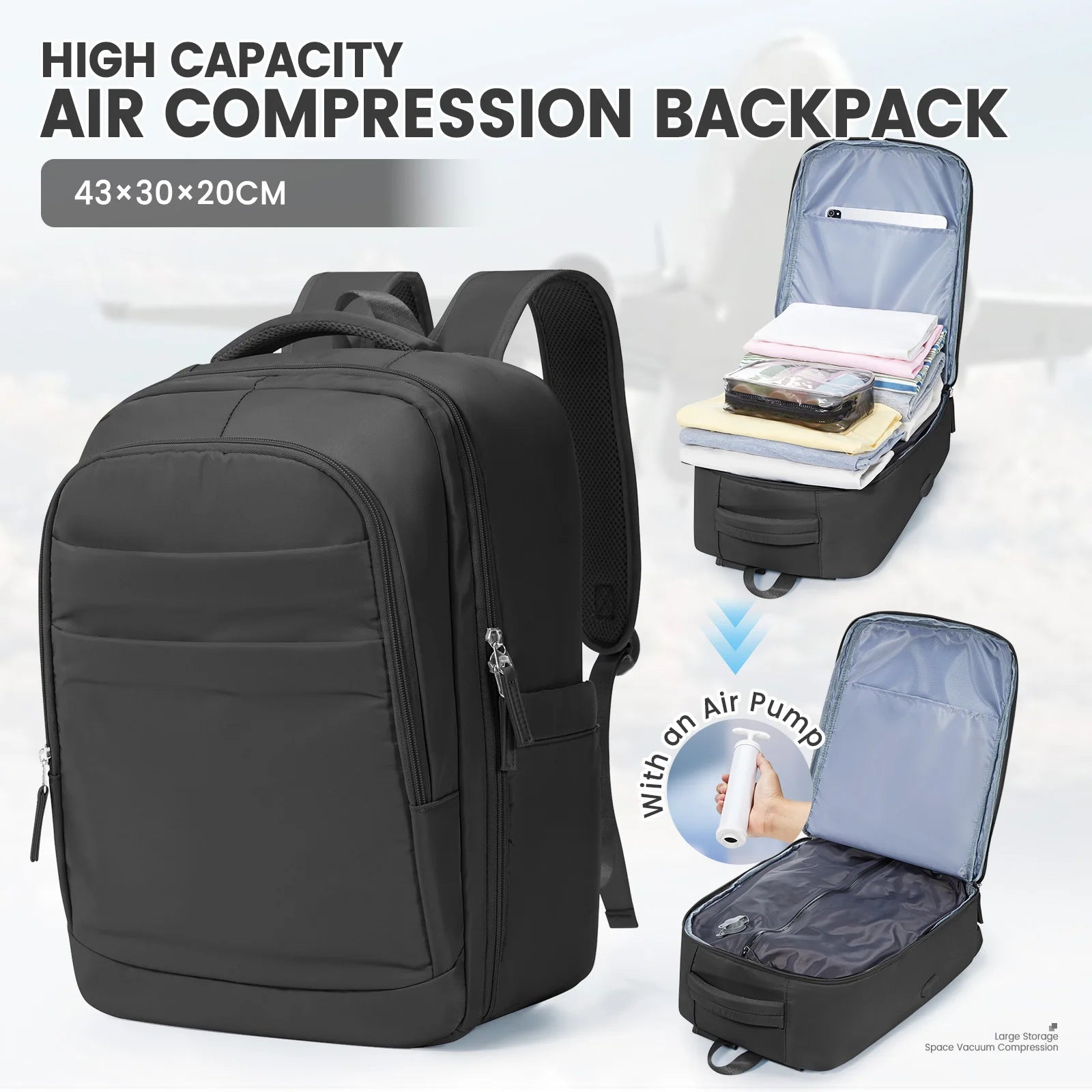 Cabin Backpack 40x30x20 – Compression Travel Bag with Pump