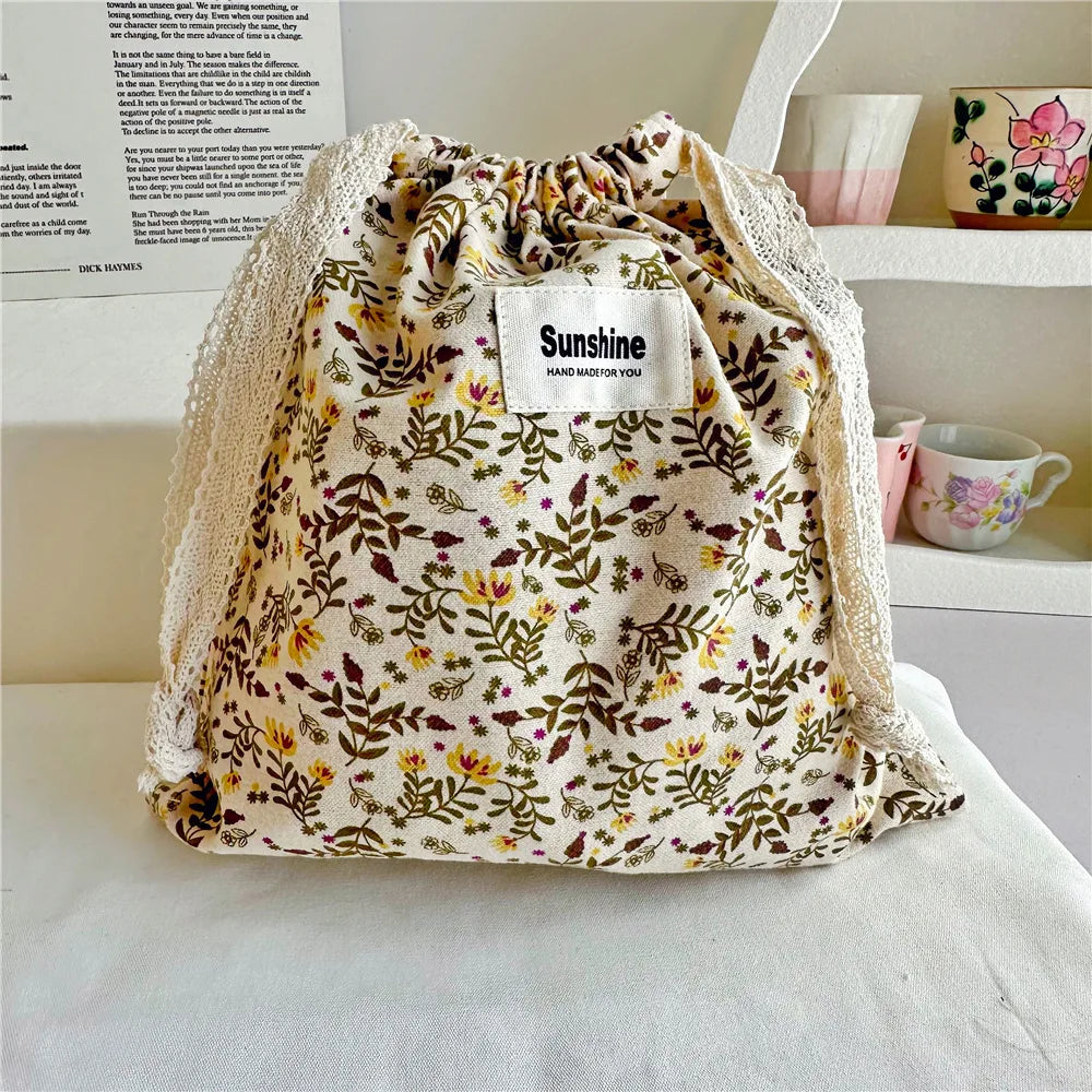Flower Print Cotton Drawstring Bag