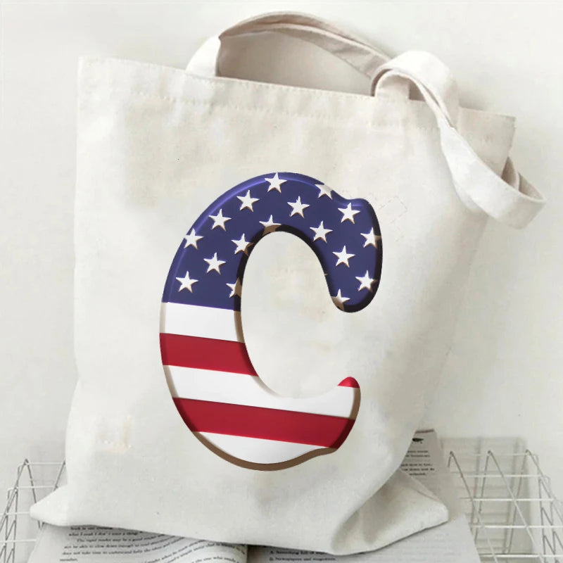 A–Z Alphabet Canvas Tote Bag – American Flag Print Y2K Aesthetic Handbag
