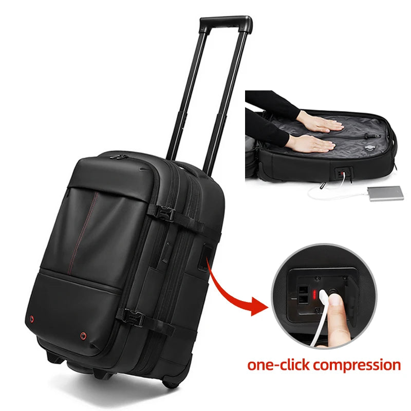 Wheeled Travel Trolley Backpack – Vacuum Compression Business Luggage, Rolling Laptop Bag