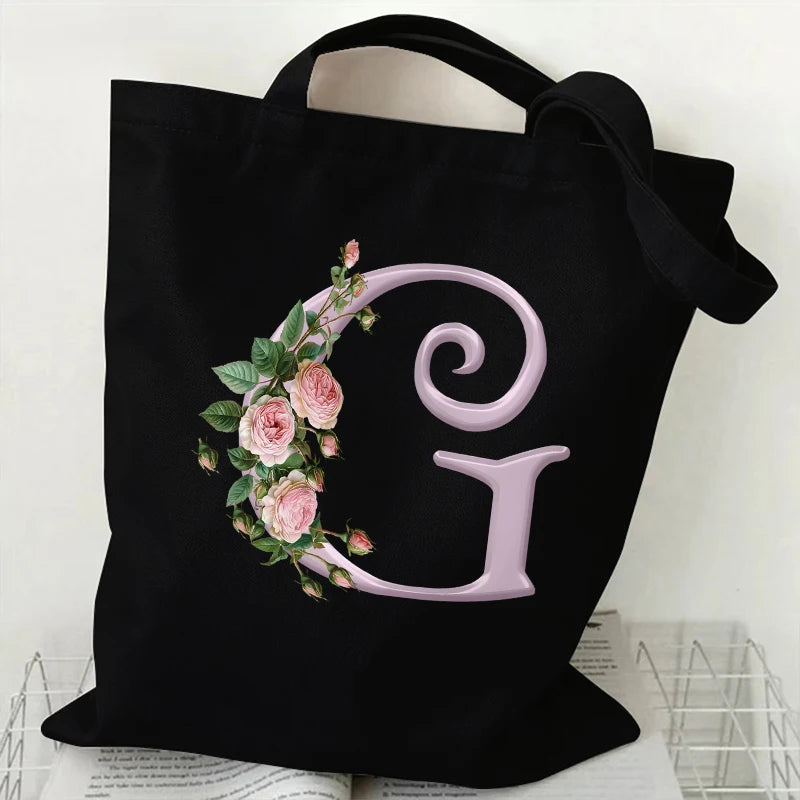 Trendy Women’s Canvas Tote – Aesthetic Alphabet Roses Shoulder Bag