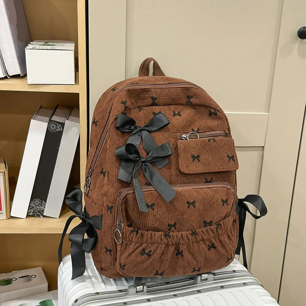 Corduroy Bow School bag  – Versatile Korean Style Backpack
