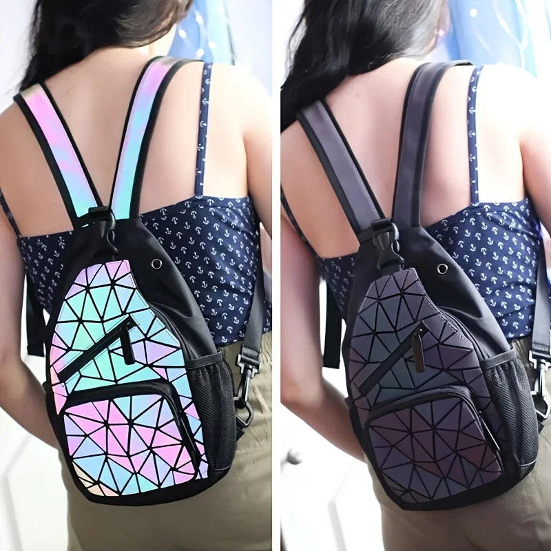 Geometric Luminous Holographic Backpack – Large Capacity Reflective Crossbody Bag