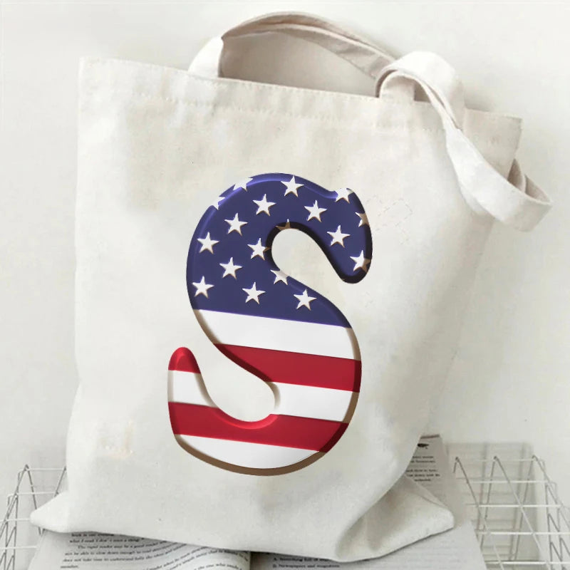 A–Z Alphabet Canvas Tote Bag – American Flag Print Y2K Aesthetic Handbag