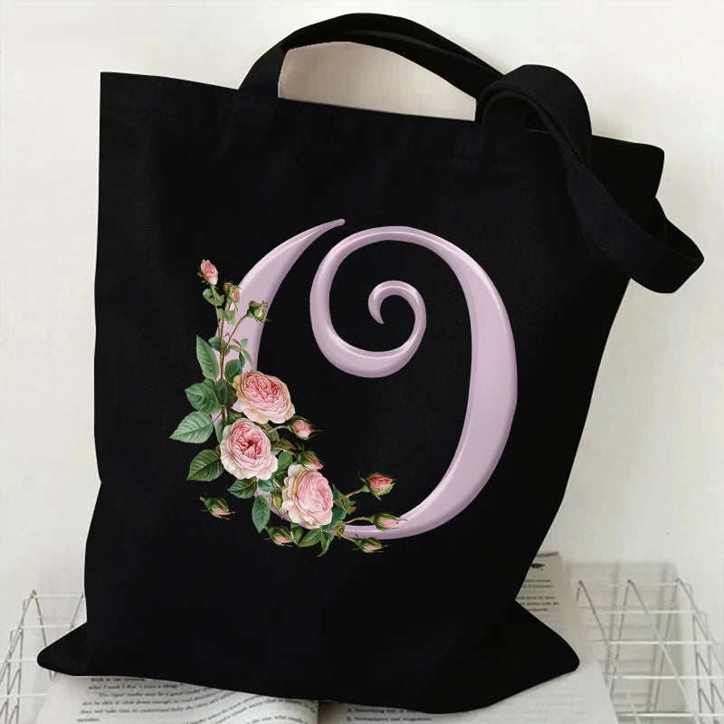 Trendy Women’s Canvas Tote – Aesthetic Alphabet Roses Shoulder Bag