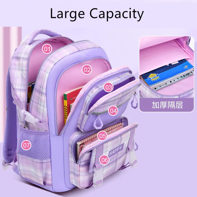 Purple Plaid School Backpack-Waterproof Kids Bag