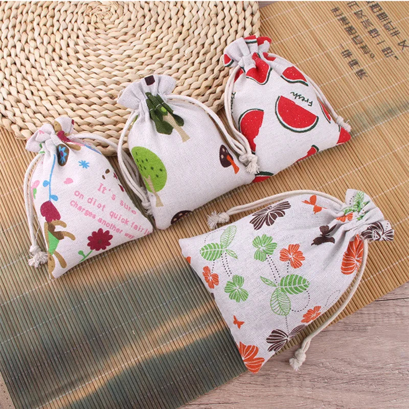 Mini Cartoon Linen  Drawstring Pouches