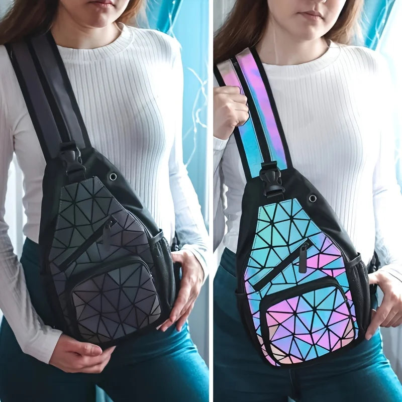 Geometric Luminous Holographic Backpack – Large Capacity Reflective Crossbody Bag