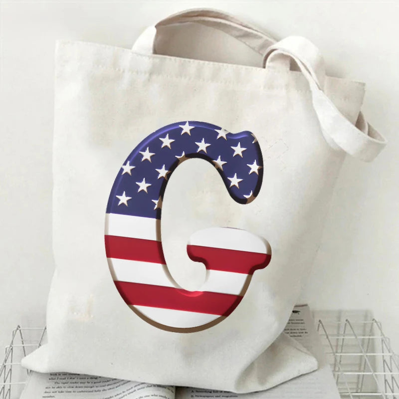 A–Z Alphabet Canvas Tote Bag – American Flag Print Y2K Aesthetic Handbag